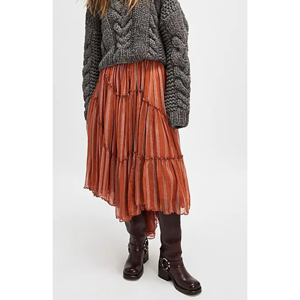 NEW FREE PEOPLE FP ONE TERRACOTTA STRIPE EMBER PRINTED MIDI SKIRT SZ S - Picture 4 of 10